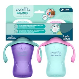 Evenflo Balance+ Trainer Cups for Babies 6+ Months, Purple and Mint, Ergonomic Design with Handles, 9oz, 2 Pack