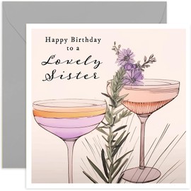 Cocktail Birthday Cards for Women, Lovely Sister Birthday Gift, Present for Big Sis, Floral Cocktail Drink Artwork, Stylish Fabulous Design for Her, Premium Birthday Greeting Cards