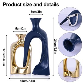 PlivBloom White and Gold Ceramic Vases,Pottery Decor Aesthetic Pampas Grass Vase,Midcentury Modern Decor Boho Vase,Unique Donut Vase for Coffee Table Centerpiece,Entry Table Decor (Blue Gold)