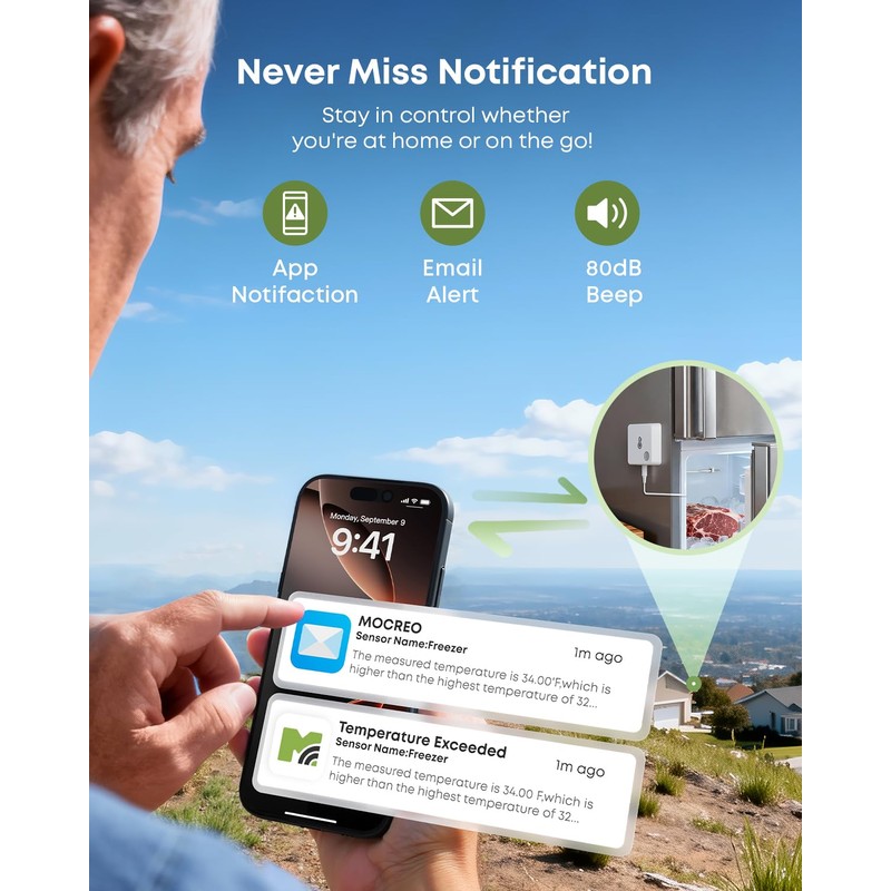 MOCREO WiFi Refrigerator Thermometer with Freezer Alarm, Email Alert, App