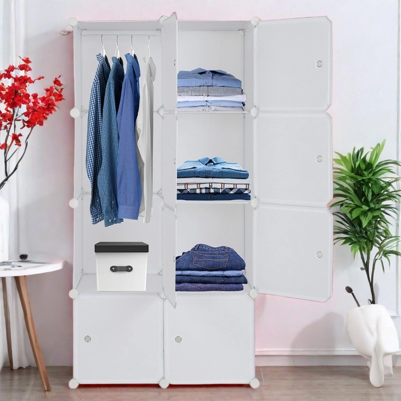 4-Tier Closet Storage Cabinet - White, 8-Cube, Hanging Rod &