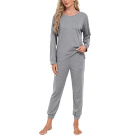 MoFiz Pajamas for Women Set Long Sleeve 2 Piece Pjs Set Sleepwear Loungewear Nightwear PJ Sets Soft Christmas Pajamas with Pockets L Grey