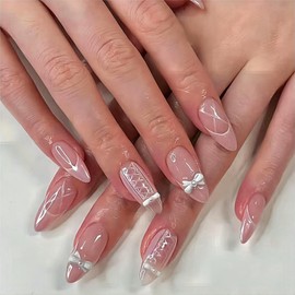 Rchovsam Medium Almond Press on Nails Pink French Fake Nails Bow Acrylic False Nails with Design Glue on Nails Stick on Nails Cover Full Gel Nails Kit for Womens 12size