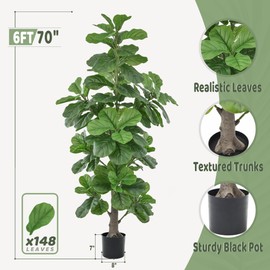 Roselywed Artificial Fiddle Leaf Fig Tree 6FT with Thick 148 Leaves Tall Large Fake Faux Tropical Ficus Lyrata Potted Plant 70 Inch Black Pot for Indoor Home Office Porch Mall Decor Housewarming Gift