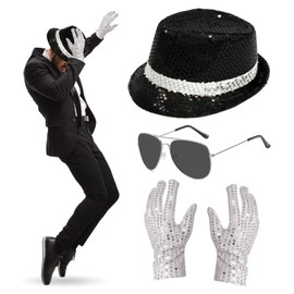 4Pcs MJ Costume Accessories, 80s Dancer Rocker Star Cosplay Set with Jazz Sequin Hat Gloves Silver Framed Sunglasses, King of Pop Fancy Dress Set for 80 Theme Party Carnival Dance Party
