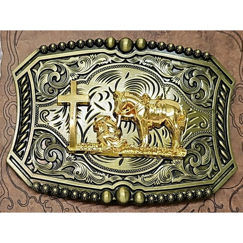 Unbranded Western Belt Buckle Gold Tone Praying Cowboy Kneeling At