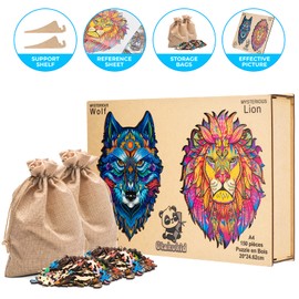 OTAKUKID® - Wooden Puzzle Animals - Complete Pack with 2 Puzzles (Wolf & Lion) - Reflection Game/Puzzle Game for Adults and Children - Gift Idea - 150 & 150 Pieces