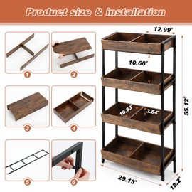 Wonderjune 4 Tier Retail Display Rack Concession Candy Snack Display Rack Wooden Potato Chip Stand, Vegetable Storage Basket Stand Display Shelf, Storage Shelving Organizer with Metal Frame