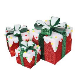 Set of 3 Lighted Gift Boxes Christmas Decoration,Pre-Lit Present with Ribbons,Light up Xmas Tree Skirt Ornament for Indoor Outdoor Yard Home Holiday Party Decor (Red)