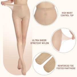 G&Y 3 Pairs Sheer Nude Tights for Women, 20 Denier Control Top Pantyhose Ultra Sheer Nylons with Reinforced Toes