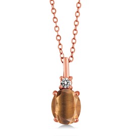 Gem Stone King 1.57 Ct Brown Tiger Eye Diamond 18K Rose Gold Plated Silver Pendant with Chain