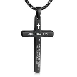 Fiusem Black Cross Necklace for Men,Bible Verse JOSHUA 1:9 Cross Pendant with 2.5mm Box Chain 22 Inch