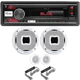 Pyle PLRM40F Single DIN LCD Display Bluetooth MP3/USB/AUX/AM/FM Radio Stereo Black Car Audio Receiver Bundle Combo with 2X 6.5 450 Watt Peak Power 2-Way White Marine Audio Component Speakers