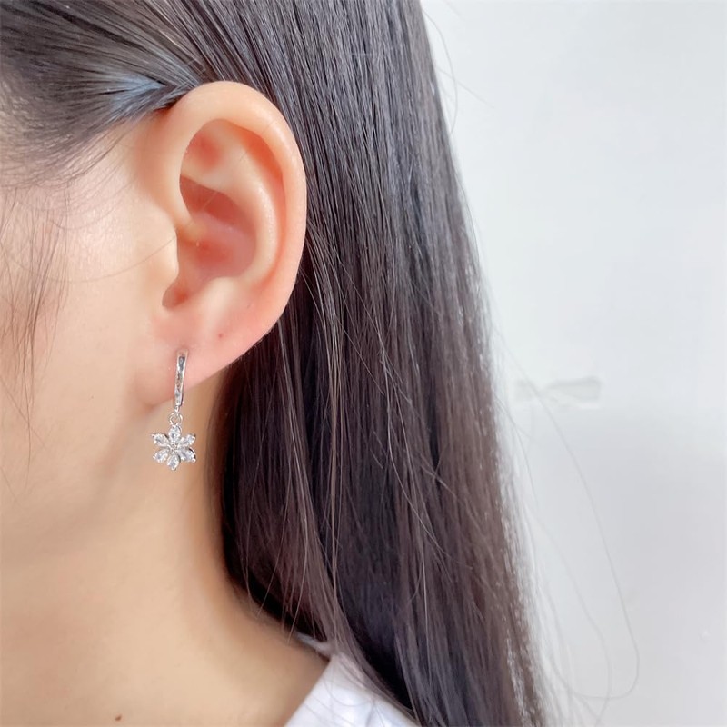 CZ Flower Charm Small Hoop Dangle Drop Earrings for Women
