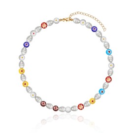 Yifnny Colourful Pearl Necklace, Y2k Summer Jewellery, Boho Imitation Pearl Necklace, Colourful Chains, Women's Hippie Chain, Beach Beads Necklace, White Short Pearl Necklace for Women, Resin, No