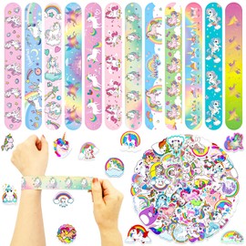 MORAINJAY 36Pcs Unicorn Slap Bracelets and 50Pcs Stickers,Unicorn Slap Bands for Party Bag Fillers,Unicorn Kids Birthday Party Favors,Goodie Candy Bag Stuffers for Girls Boys Unicorn Party Suppplies