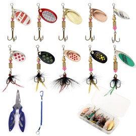 Spinner Bait Set 10Pcs Multi Colored Fishing Spinners Lures Baits Lures with Box for Trout Salmon Bass Fishing Set(Pliers and Tension Cord）