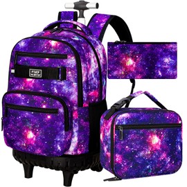 Girls Rolling Backpack, 3PCS Womens Roller Bookbag with Lunch Bag for Kids, Wheeled School Bag for Children - Purple Galaxy