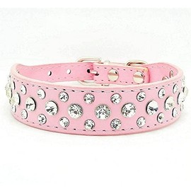 Rhinestone Dog Collar, Bling Rhinestone PU Leather Crystal Diamond Pet Dog Cat Puppy Collar Black S M L XL (XL, Pink)