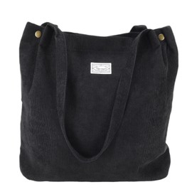 UERRUAM Corduroy Tote Bag for Women with Inner Pockets,Cute Go-to Bag for Everyday,Work,Lightweight,Washable,Portable,L,Black