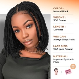 WIGER Black Lace Frontal Braided Wig for Women Knotless Double Lace Box Braided Wigs 12 Inches Large Square Braided Wig With Baby Hair Synthetic Handmade Braided Wig