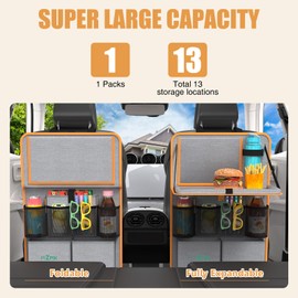 Plzpik Car Backseat Organizer with Tablet Holder,11 Storage Pockets with Foldable Food Tray, Protector Kick Mats for Kids, Travel Accessories Organizer (Orange, 1Pack)