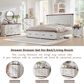 RedLemon Farmhouse Nightstand with Charging Station, 18" Rustic Night Stand with 2 Storage Drawers, Wood End Table for Bedroom, Living Room, Antique White