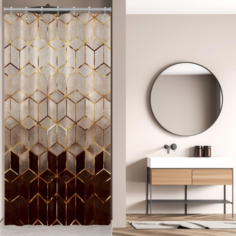 BIYSUC Ombre Brown Marble Shower Curtain Abstract Geometric Grid Cubic