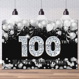 Dill-Dall Happy 100th Birthday Backdrop, One Hundred Years Old Birthday Decoration Banner, Black Silver Large Backdrop for Men Women 100th Birthday Party, 6x4ft