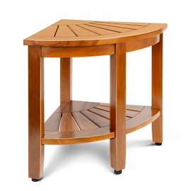 18" Premium Teak Corner Shower Bench with Shelf, Solid Teak Shower Stool, Durable Waterproof Wooden Seat for Inside Shower, Teak Wood Bench for Bathroom, Indoor & Outdoor Use
