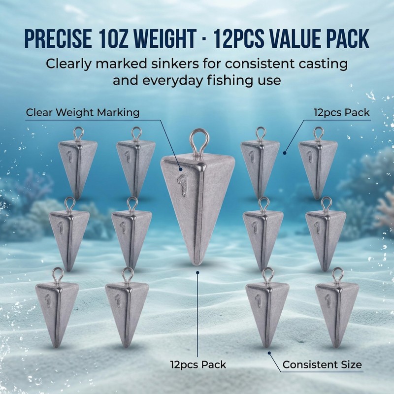 Hfuiqau 12PCS Pyramid Sinkers, Surf Fishing Weights Kit, 1oz Lead