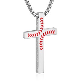 WINFY Baseball Cross Necklace for Boys Men Inspirational Christian Bible Verse Cross Pendant Stainless Steel Chain 20+2 inch Baseball Jewelry Religious Gift for Men(Silver-4：13)
