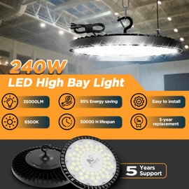240W 2 Pack UFO High Bay Light LED Shop Lights, 35000LM Garage Lights, 6500K Barn Lights, Industrial Light w/ 6.6ft Plug Power Cord, IP65 Waterproof Work Lamp for Warehouse Workshop Factory Gym