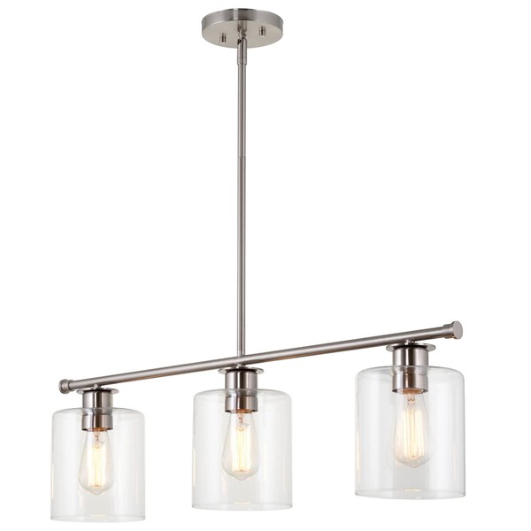 Kira Home Sloane 31" 3-Light Modern Industrial Farmhouse Island Light + Clear Glass Shades, Adjustable Hanging Height, Brushed Nickel Finish