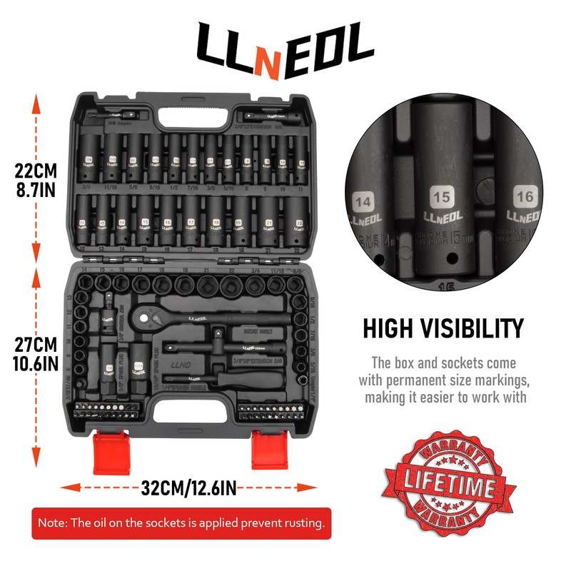 LLNEDL Impact Socket Set 3/8 Drive,95Pcs Deep&Shallow Socket Wrench Set,6