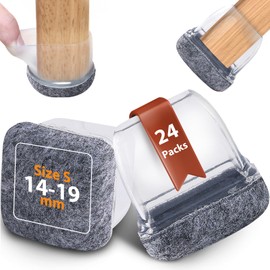 Seaforie Chair Leg Caps, Pack of 24, Square 14-19 mm Chair Leg Protectors with 360° Felt & Adjustable Diameter for Protective Caps, Non-Slip, Washable Gliders for Chairs, Transparent Grey