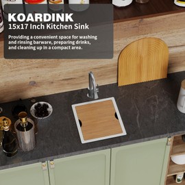 Koardink 15x17 In Stainless Steel Undermount Bar Sink Modern Single Bowl Drop In Kitchen Sink Workstation Combo - SS Grid, Cutting Board, Drain Assembly