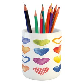 Ambesonne Grunge Pencil Pen Holder, Rainbow Color Heart Shapes Valentine's Day Design Romantic His and Hers Theme, Printed Ceramic Pencil Pen Holder for Desk Office Accessory, Red Blue Yellow