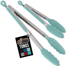 GORILLA GRIP Stainless Steel Heat Resistant Kitchen Tongs for Cooking, 9 + 12 Inch, Set of 2 BBQ Tong, Non Scratch Silicone Tip for Pan, Strong Grip, Grab Food, Toss Salad, Air Fryer, Pull Lock, Mint