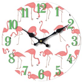 Wall Clock Glass Flamingo Decorative 13 Inch Beach Theme Perfect Decor for Kitchen Bathroom Office Rustic Battery Operated Clocks Great Nautical Theme for Bedroom Ocean Decoration Ticking Tropical