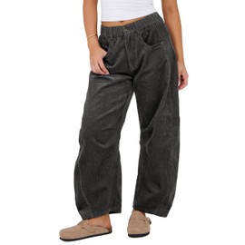 SeekMe Women's Corduroy Pants Barrel Mid-Rise Elastic Waist Cord Pants Casual Wide Leg Baggy Trouser with Pockets(0005-Grey-XS)
