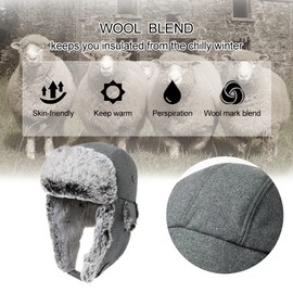 Comhats Winter Wool Trapper Hat for Men Faux Fur Aviator Hat with Ear Flaps Russian Winter Cold Weather Hat Warmly Fleece Lined Black M 55-58CM