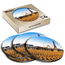 4 x Round Coasters - Blackpool Tower England UK Holiday Cork Backed MDF Glossy Tea Coffee Accessory #50296