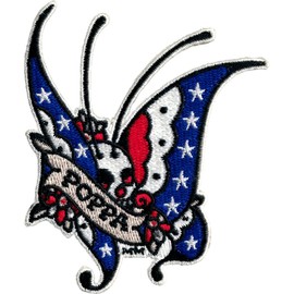Death's Head Butterfly Moth - Red, White and Blue with Poppa Banner - Embroidered Iron On or Sew On Patch