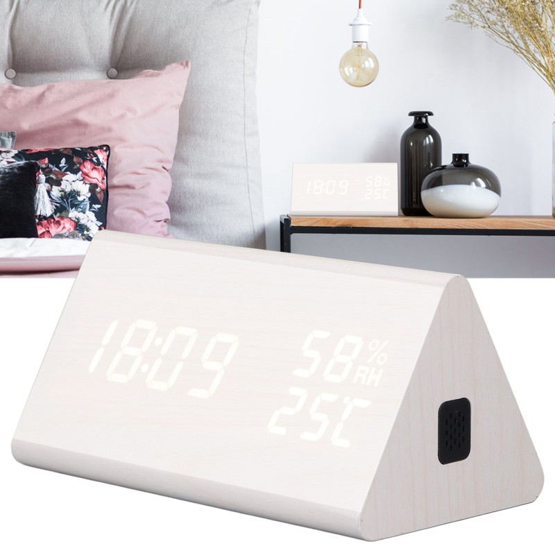 LED Digital Alarm Clock Multipurpose Wooden Clock with Voice Control