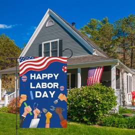 Happy Labor Day Garden Flag Working Tools Patriotic USA Flags 12 x 18 Double Sided Burlap Banner for Outdoor Outside Garden Farmhouse Celebrate Labor Day Decoration (ONLY FLAG)