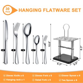 30 Pcs Stainless Steel Silverware Set with Stand, Hanging Flatware Set Service for 6, Eating Tableware Set Include Main Knife, Main Fork, Main Spoon, Small Fork, Small Spoon(silver)