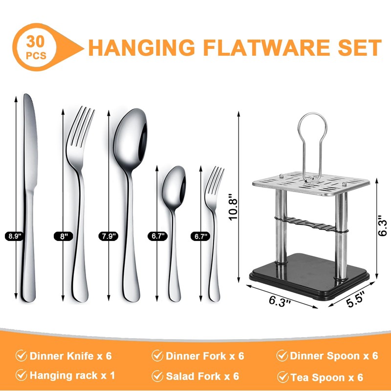 30 Pcs Stainless Steel Silverware Set with Stand, Hanging Flatware