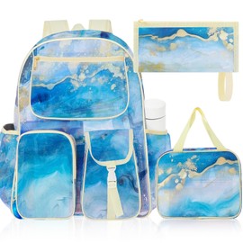 Silkfly 3 Pcs Mesh Backpack Set Multiple Pockets Heavy Duty Mesh Backpack See Through Beach Bag(Blue Marbling)