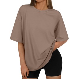 AUTOMET Womens Oversized T Shirts Workout Plus Size Short Sleeve Tops Casual Loose Basic Tees Summer Trendy Outfits 2025 Khaki L